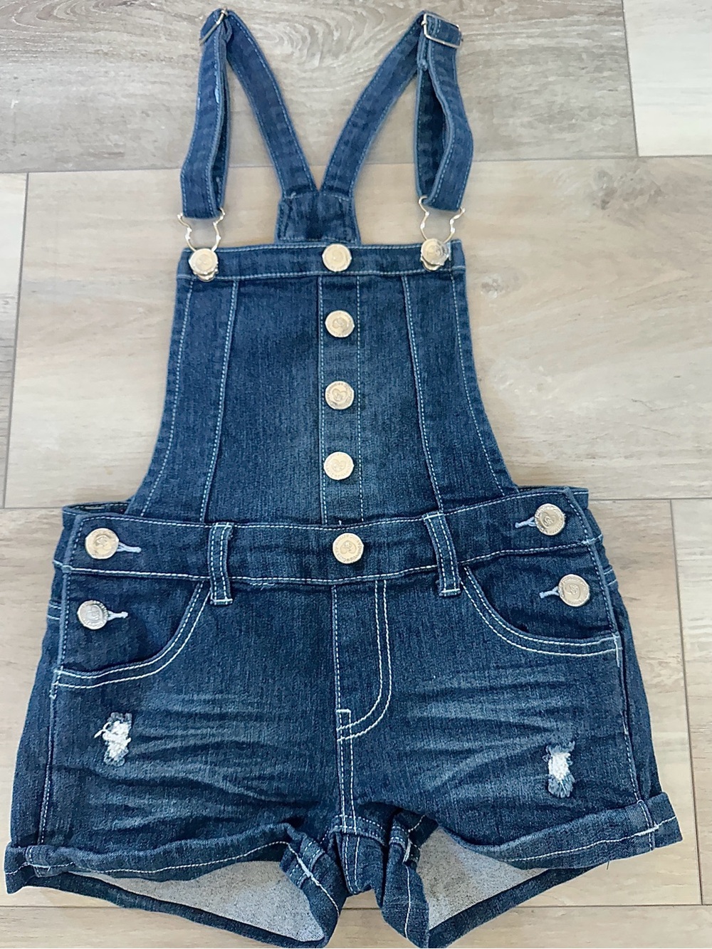 Cutie Patootie dark blue denim w/white stitching distressed shorts overalls XS